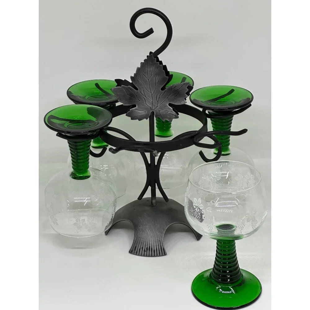 VTG‎ 80s Luminarc France Etched Wine Glass Set of 5 Green Ribbed Stem Grapevine